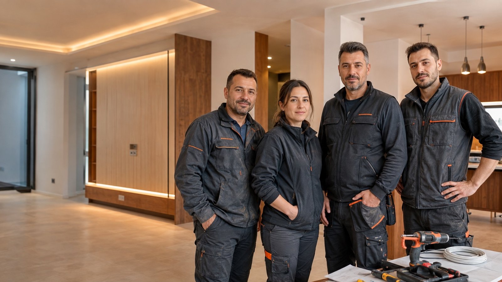 Tamamlanan iç mekânda Demirbaş Elektirik uygulama ekibi