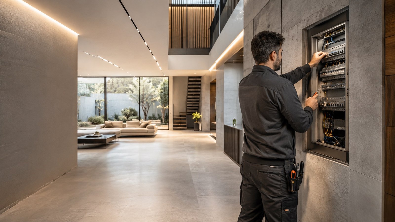 Modern villa elektrik panosunda çalışan profesyonel Demirbaş Elektirik ustası