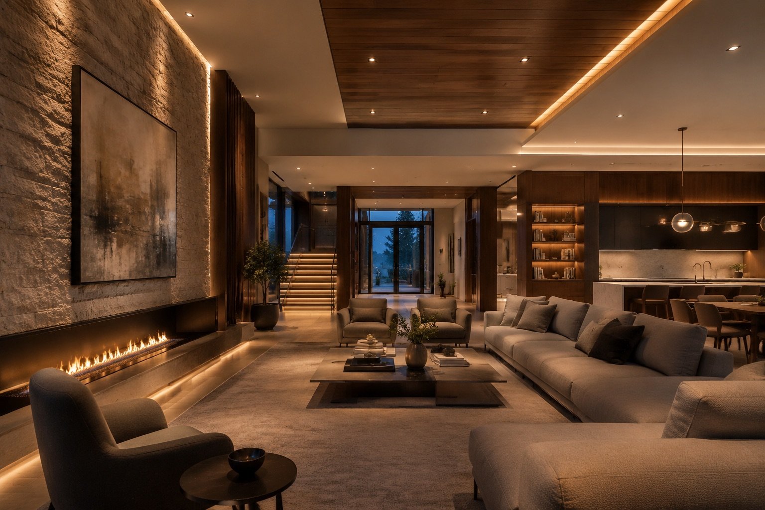 Sıcak mimari aydınlatmalı çağdaş salon